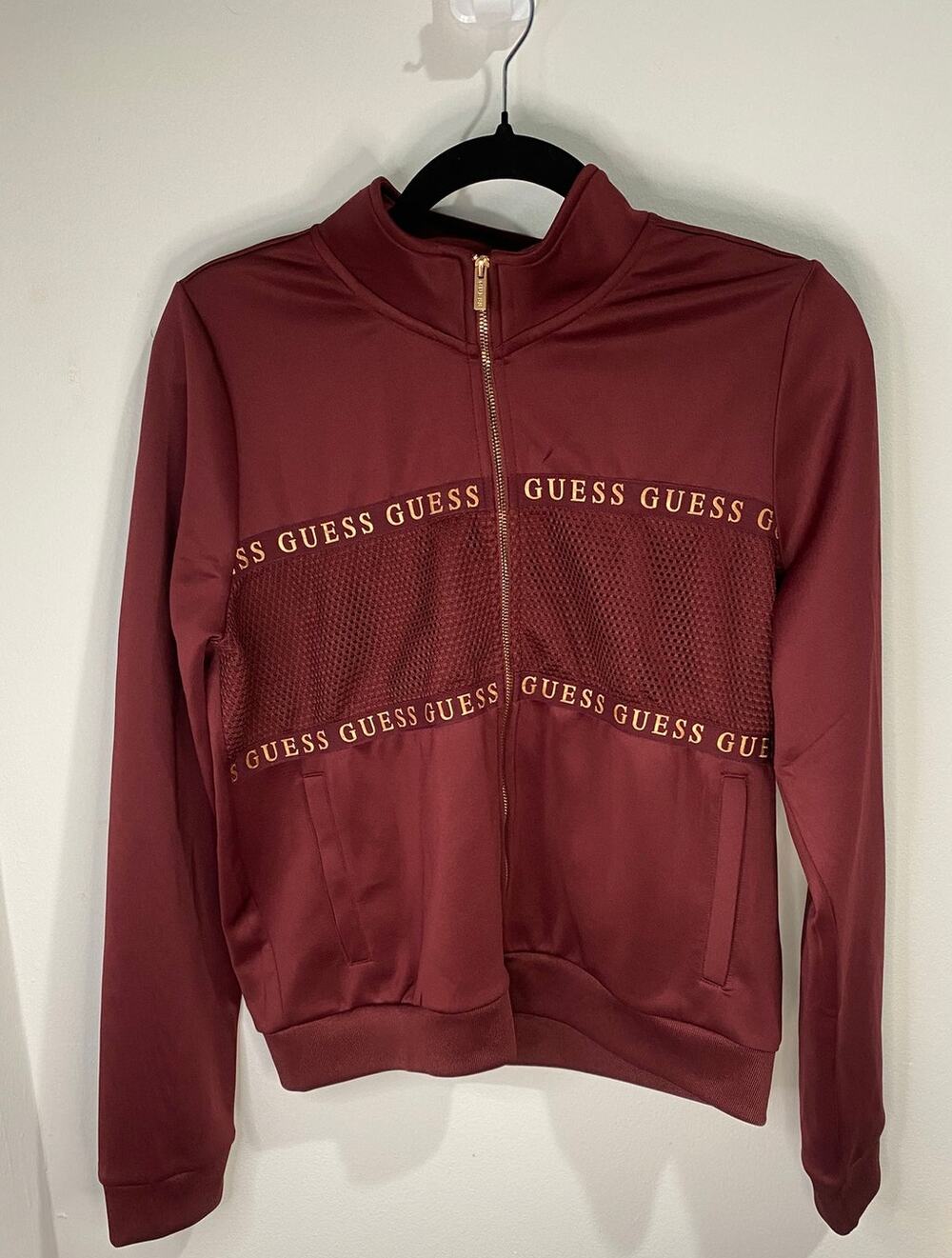 Guess Zip Up Jacket Women’s M Burgundy Mesh Athleisure Streetwear Good
